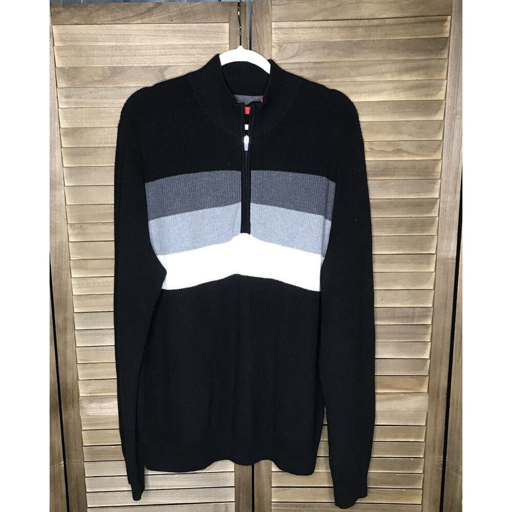 VTG Izod Mens XL Sweater Black Slim Quarter Zip Stripe Ski Minimalist Colorblock